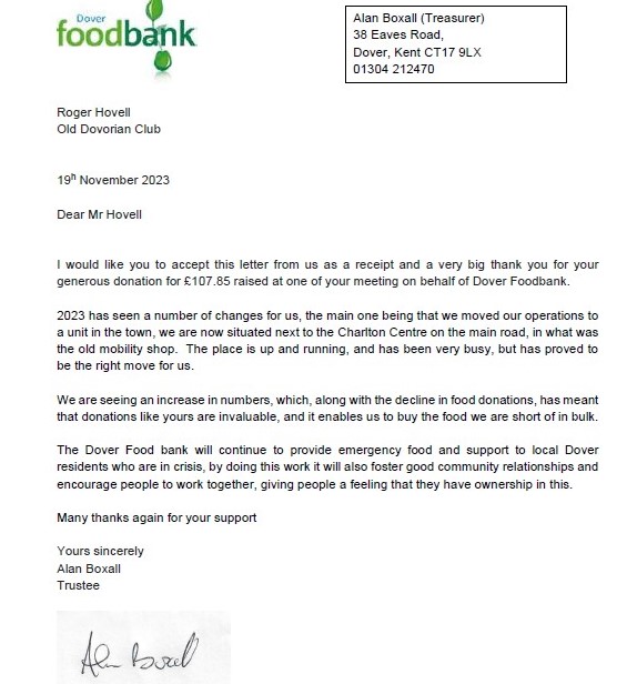 Cranligh Group Food Bank Donation Letter of thanks 2023 croped